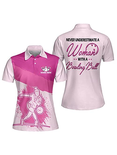 LASFOUR Personalized 3D Bowling Shirts for Women, Custom Quick-Dry Bowling Shirts Short Sleeve Polo for Girls