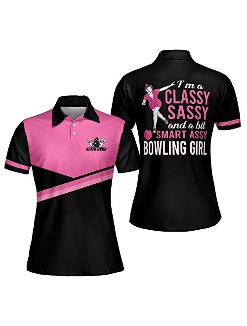 LASFOUR Personalized 3D Bowling Shirts for Women, Custom Quick-Dry Bowling Shirts Short Sleeve Polo for Girls