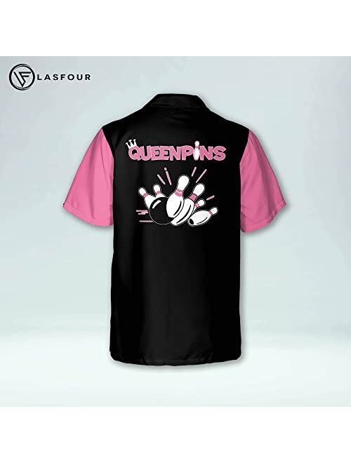 LASFOUR Personalized Pink Bowling Shirts for Women, Custom Vintage Bowling Button-Down Short Sleeve Hawaiian Shirts for Women