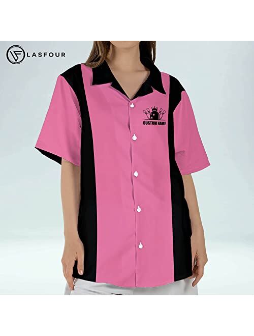 LASFOUR Personalized Pink Bowling Shirts for Women, Custom Vintage Bowling Button-Down Short Sleeve Hawaiian Shirts for Women