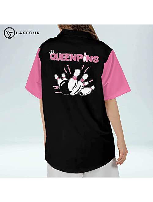 LASFOUR Personalized Pink Bowling Shirts for Women, Custom Vintage Bowling Button-Down Short Sleeve Hawaiian Shirts for Women