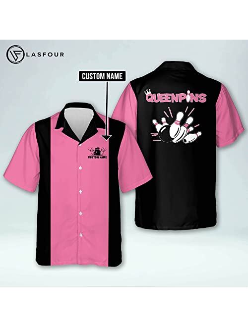 LASFOUR Personalized Pink Bowling Shirts for Women, Custom Vintage Bowling Button-Down Short Sleeve Hawaiian Shirts for Women