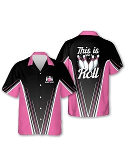 LASFOUR Personalized Pink Bowling Shirts for Women Retro, Custom 3D Bowling Button-Down Short Sleeve Hawaiian Shirts