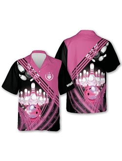 LASFOUR Personalized Pink Bowling Shirts for Women Retro, Custom 3D Bowling Button-Down Short Sleeve Hawaiian Shirts