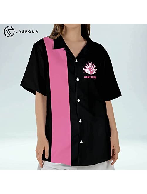 LASFOUR Personalized Pink Bowling Shirts for Women Retro, Custom 3D Bowling Button-Down Short Sleeve Hawaiian Shirts