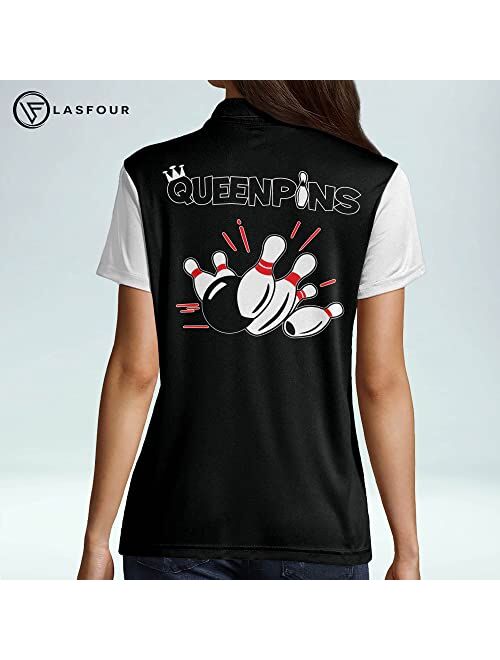 LASFOUR Personalized Queen Pins Pink Bowling Shirts for Women, Custom Quick-Dry Bowling Shirts Short Sleeve Polo for Girls