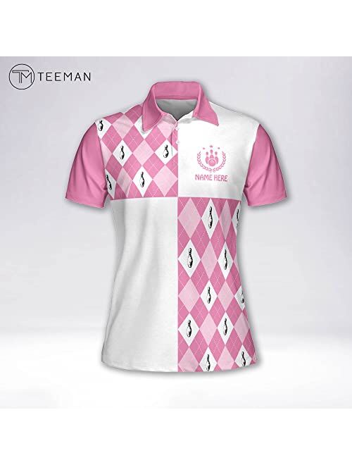 TEEMAN Custom Pink Bowling Shirts for Women, Personalized Funny Bowling Team Polo Shirt Jerseys Short Sleeve for Women