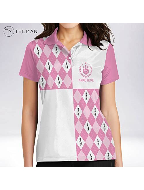 TEEMAN Custom Pink Bowling Shirts for Women, Personalized Funny Bowling Team Polo Shirt Jerseys Short Sleeve for Women