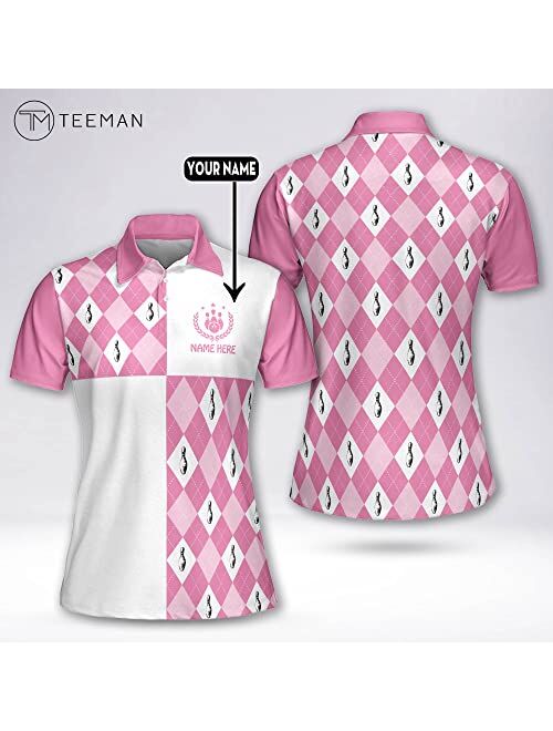 TEEMAN Custom Pink Bowling Shirts for Women, Personalized Funny Bowling Team Polo Shirt Jerseys Short Sleeve for Women