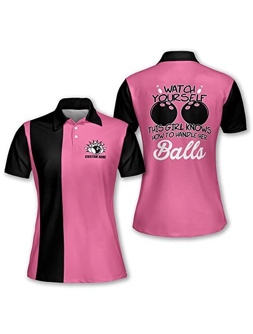 TEEMAN Custom Pink Bowling Shirts for Women, Personalized Funny Bowling Team Polo Shirt Jerseys Short Sleeve for Women