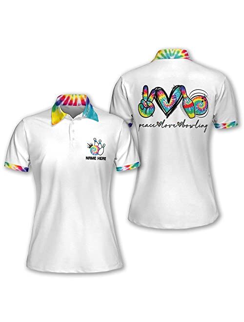 LASFOUR Personalized 3D Peace Love Bowling Tie Dye Cute Bowling Shirts for Women, Gift for Bowling Lovers