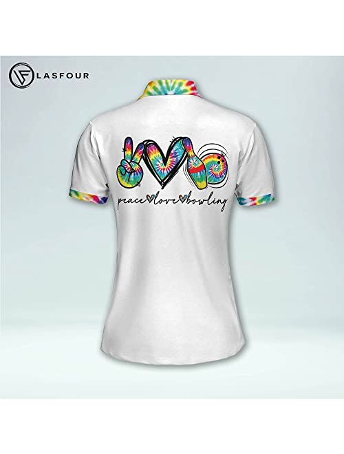 LASFOUR Personalized 3D Peace Love Bowling Tie Dye Cute Bowling Shirts for Women, Gift for Bowling Lovers