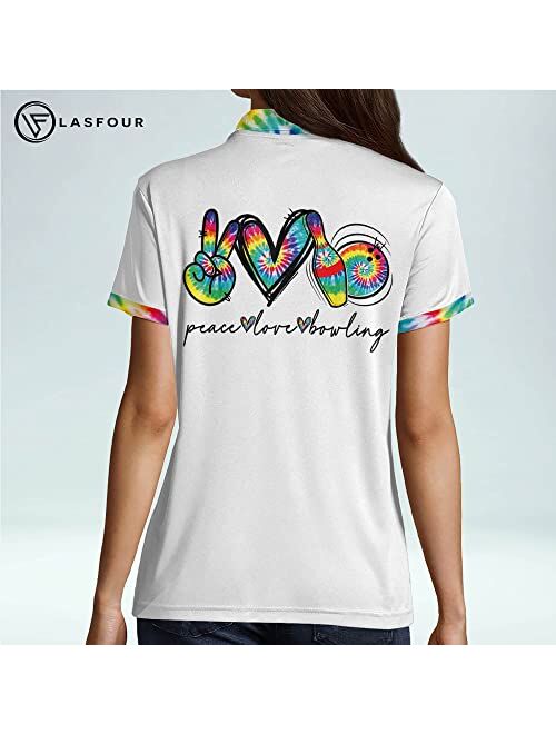 LASFOUR Personalized 3D Peace Love Bowling Tie Dye Cute Bowling Shirts for Women, Gift for Bowling Lovers