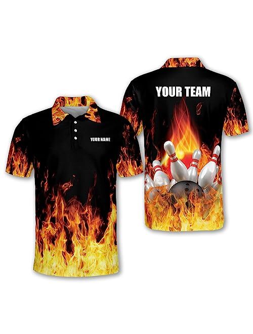 TEEMAN Custom Flame Bowling Shirts with Name, Funny Bowling Jersey for Men, Men's Bowling Shirts Short Sleeve Polo for Men