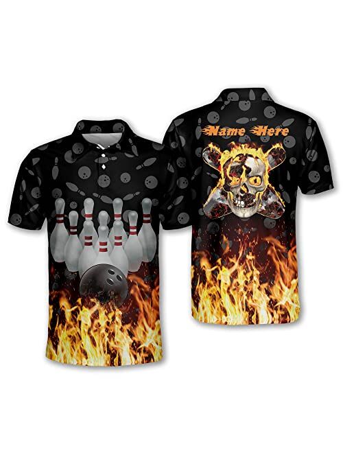 TEEMAN Custom Flame Bowling Shirts with Name, Funny Bowling Jersey for Men, Men's Bowling Shirts Short Sleeve Polo for Men