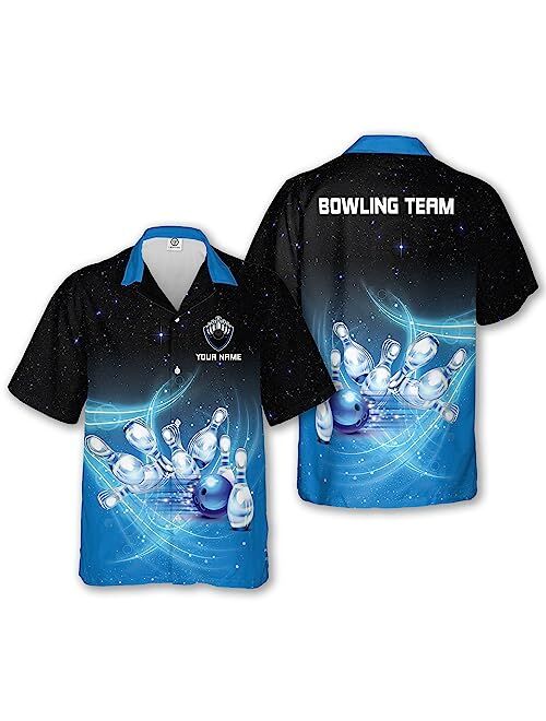 LASFOUR Custom Bowling Shirts for Men, Men's USA Bowling Button-Down Short Sleeve Hawaiian Shirt for Men, Bowling Flag Shirt