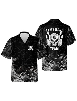 LASFOUR Custom Bowling Team Shirts for Men, Men's Bowling Button-Down Short Sleeve Hawaiian Shirt, Skull Flame Bowling Shirt