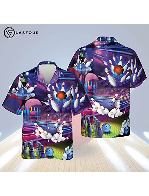 LASFOUR Custom Funny Bowling Shirts with Names, Button-Down Short Sleeve Hawaiian Bowling Shirt, Crazy Bowling Shirts for Men