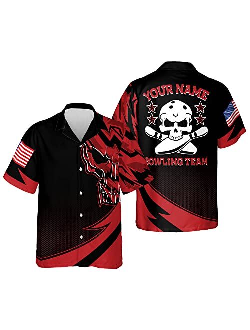 LASFOUR Bowling Shirts for Men, Men's Skull Bowling Button-Down Short Sleeve Hawaiian Shirts, Custom Bowling Shirts with Name