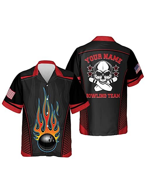 LASFOUR Custom Bowling Shirts for Men, Crazy Bowling Team Button-Down Short Sleeve Hawaiian Shirts for Men and Women