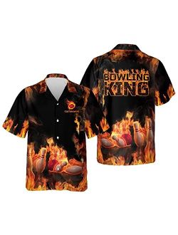 LASFOUR Custom Flame Bowling Shirts for Men, Men's Bowling Button-Down Short-Sleeve Hawaiian Shirts, Bowling Team Shirts.