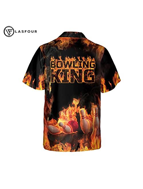 LASFOUR Custom Flame Bowling Shirts for Men, Men's Bowling Button-Down Short-Sleeve Hawaiian Shirts, Bowling Team Shirts.