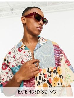 boxy oversized revere linen mix shirt in patchwork floral print