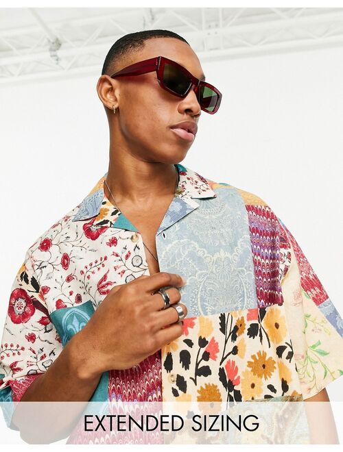 ASOS DESIGN boxy oversized revere linen mix shirt in patchwork floral print