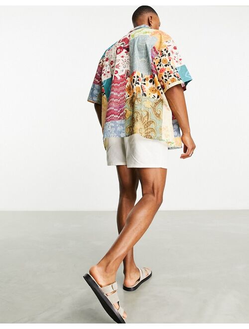 ASOS DESIGN boxy oversized revere linen mix shirt in patchwork floral print