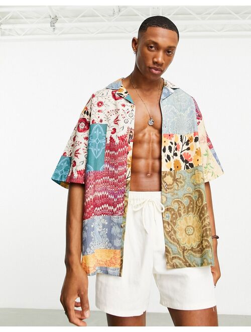 ASOS DESIGN boxy oversized revere linen mix shirt in patchwork floral print