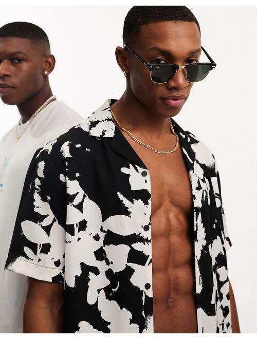 ASOS DESIGN revere shirt in black and white floral