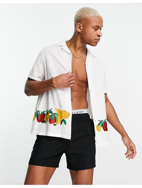 ASOS DESIGN relaxed revere linen mix shirt with fruit embroidered border