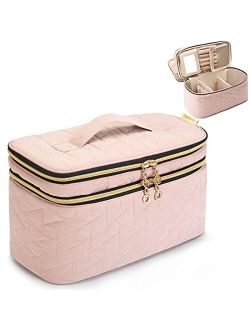 BAGSMART Large Makeup Bag Organizer,Double-Layer Travel Cosmetic Case with Acrylic Mirror,Makeup Train Case for Women Cosmetics, Makeup Brushes, Toiletries,Pink