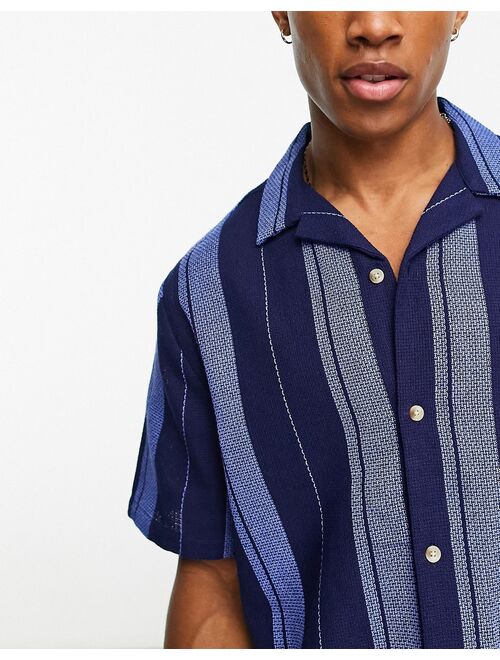 ASOS DESIGN relaxed revere textured stripe shirt in navy