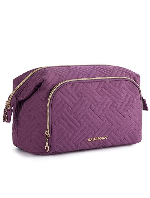 BAGSMART Travel Makeup Bag, Cosmetic Bag Make Up Organizer Case, Large Wide-open Pouch for Women Double Layers Purse for Toiletries Accessories Brushes (Pink)