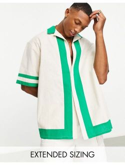 boxy oversized linen shirt with color block panels in ecru & green