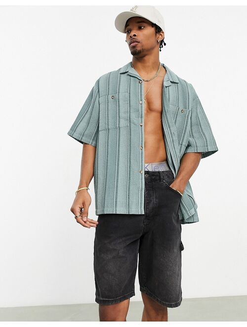 ASOS DESIGN boxy oversized revere stripe shirt with waffle texture in green