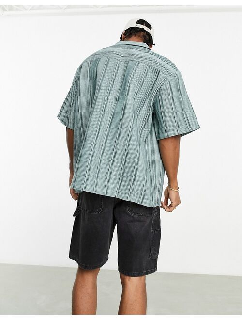 ASOS DESIGN boxy oversized revere stripe shirt with waffle texture in green