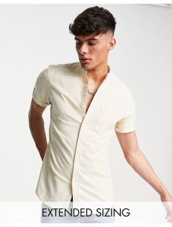 slim fit oxford shirt with grandad collar in beige