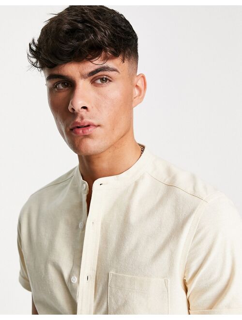 ASOS DESIGN slim fit oxford shirt with grandad collar in beige