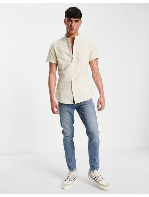 ASOS DESIGN slim fit oxford shirt with grandad collar in beige