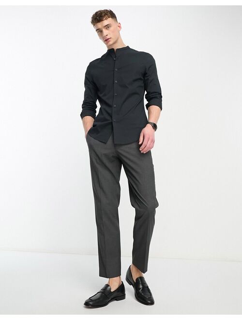 ASOS DESIGN easy iron slim fit poplin shirt with grandpa collar in black