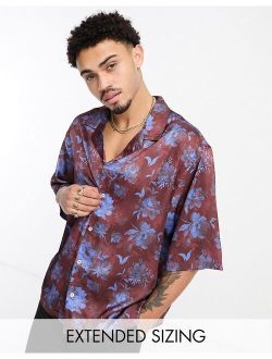 dropped shoulder oversized camp collar satin shirt in brown floral