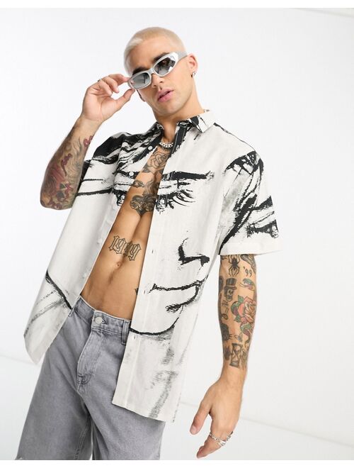 ASOS DESIGN relaxed shirt in linen mix with face placement print