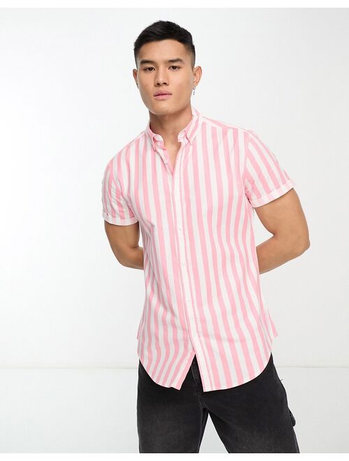 ASOS DESIGN stretch slim oxford stripe shirt in pink in cotton blend