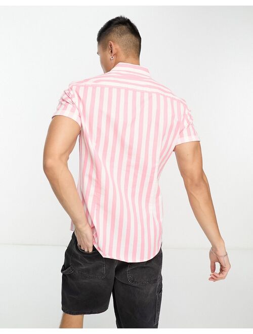 ASOS DESIGN stretch slim oxford stripe shirt in pink in cotton blend