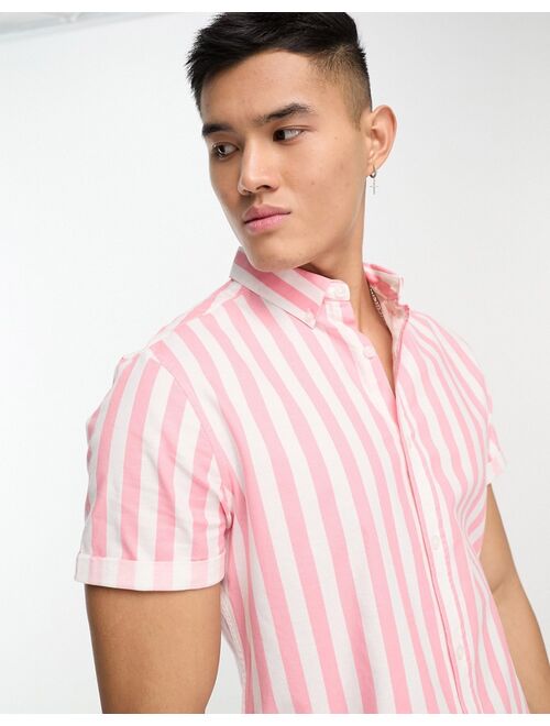 ASOS DESIGN stretch slim oxford stripe shirt in pink in cotton blend