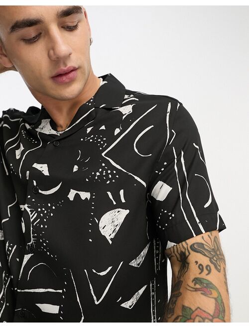 ASOS DESIGN relaxed camp collar shirt in black abstract print - part of a set