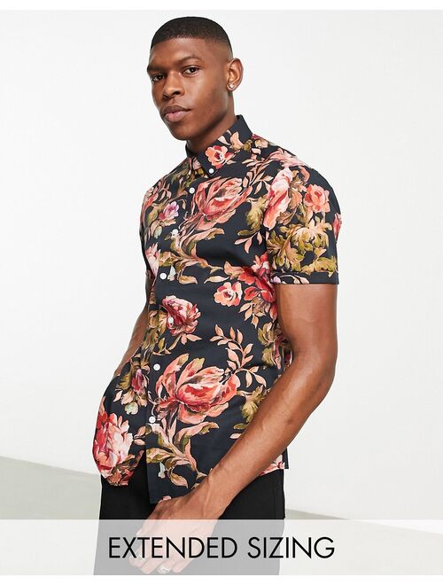 ASOS DESIGN stretch slim shirt in black and red floral print