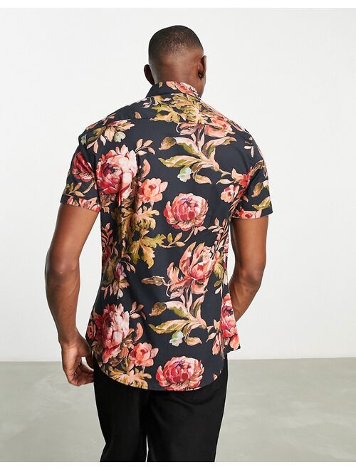 ASOS DESIGN stretch slim shirt in black and red floral print